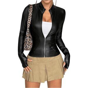 Women Faux Leather Jacket Thin Fleece Mock Neck Zip Up Long Sleeve Winter Black